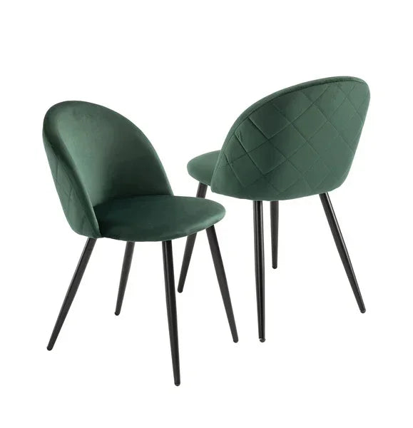 Green velvet dining chairs with black legs and quilted backrest, modern set of two