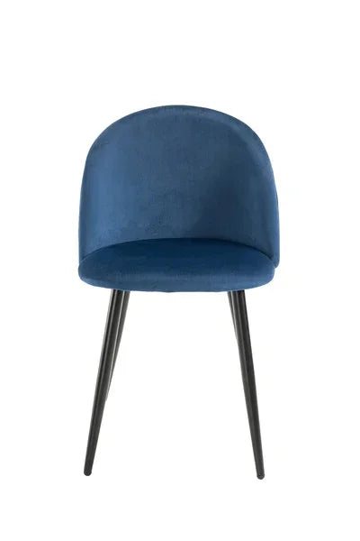 Blue velvet dining chair with curved back and black metal legs, front view