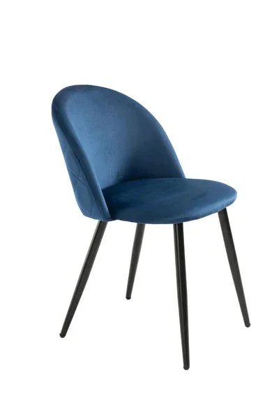 Blue velvet dining chair with curved backrest and black metal legs