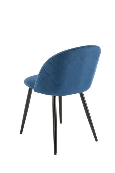 Blue fabric dining chair with black metal legs and quilted backrest, rear angle view
