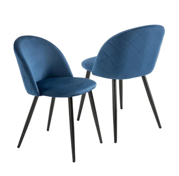 Set of two blue velvet dining chairs with black metal legs, front and back views