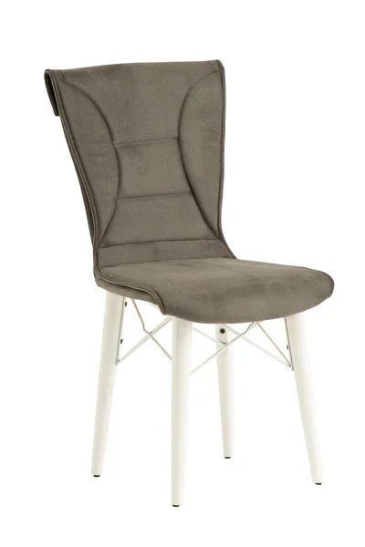 Grey upholstered dining chair with white metal legs and stitched backrest