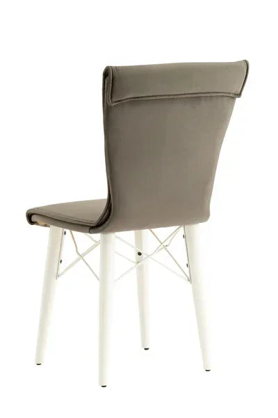 Modern dining chair with taupe upholstered seat and white metal legs, rear view