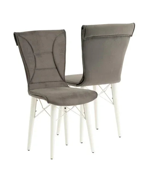 Pair of grey upholstered dining chairs with white metal legs, front and back view