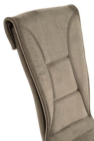 Taupe fabric dining chair with padded backrest and curved headrest detail