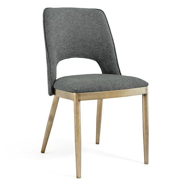 Grey fabric dining chair with wooden legs and cutout backrest