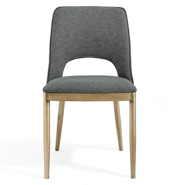 Grey upholstered dining chair with open back and wooden legs, front view