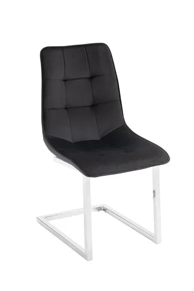Black upholstered dining chair with chrome cantilever base