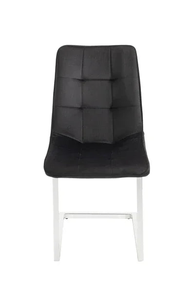 Black dining chair with cushioned seat and chrome legs, front view