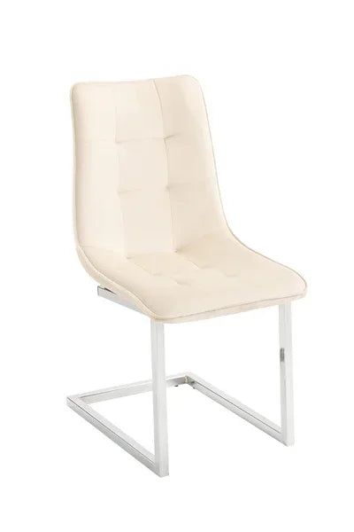 Cream upholstered dining chair with chrome cantilever legs on white background