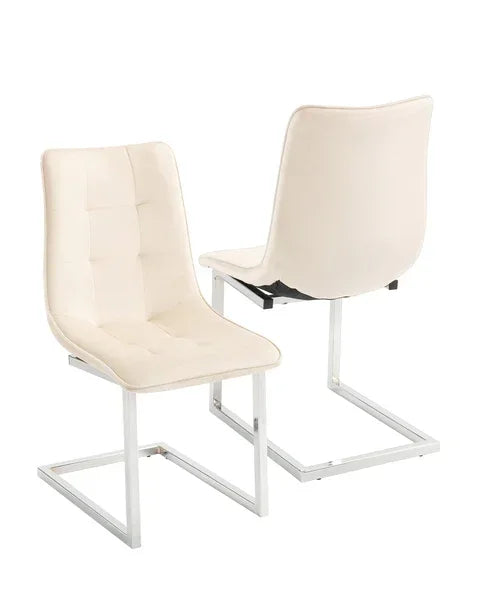 Cream dining chairs with chrome legs and cushioned seats, front and rear views