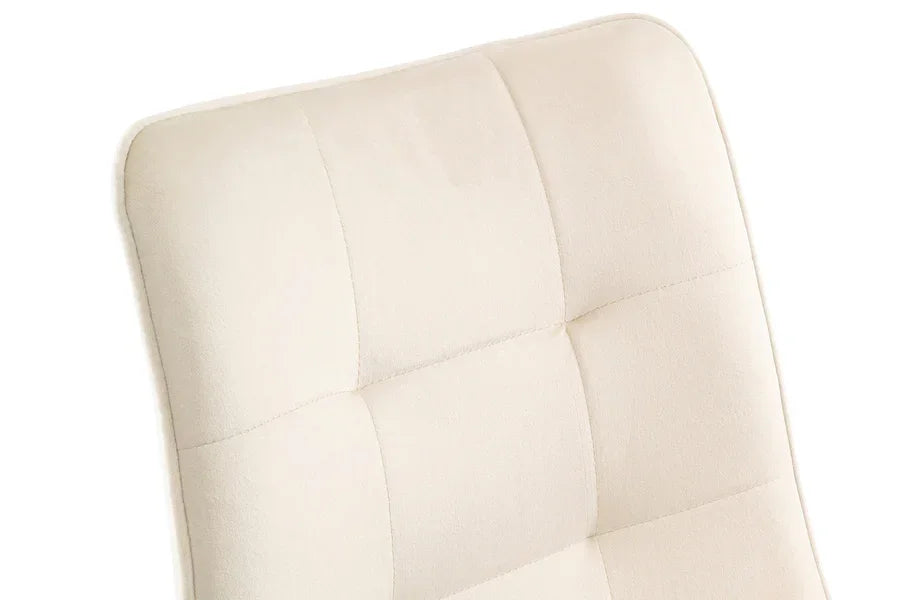 Close up of cream fabric chair backrest with square stitched pattern