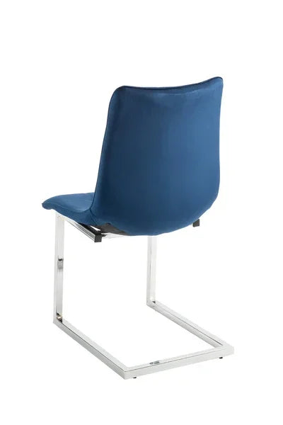 Blue upholstered dining chair with chrome cantilever base, rear angle view