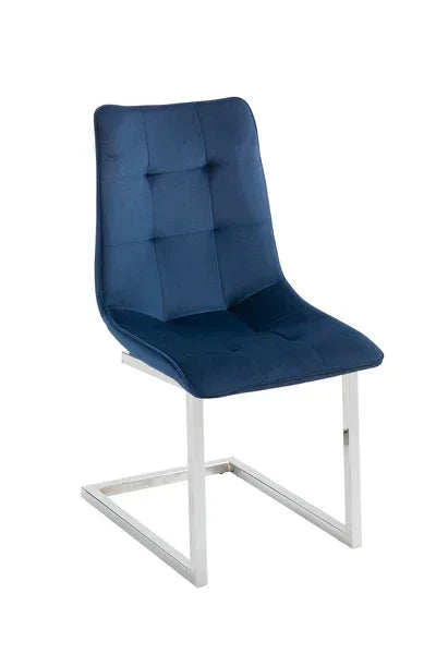 Blue velvet dining chair with chrome cantilever base and tufted seat