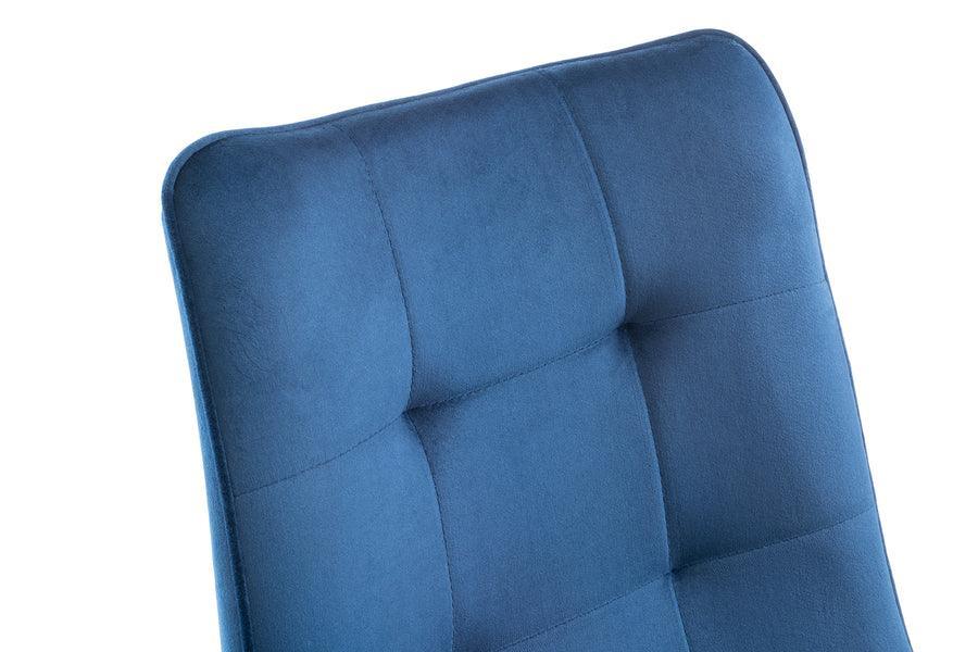 Blue fabric dining chair with square stitched backrest close up