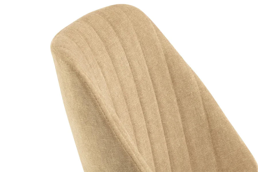 Beige fabric dining chair backrest with vertical stitched detail, close-up view