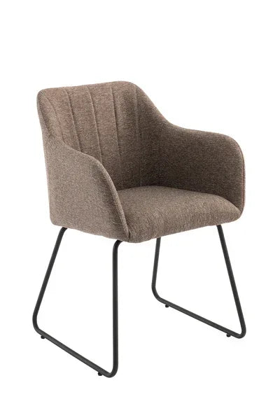 Brown fabric dining chair with black metal legs and curved backrest, front angle view