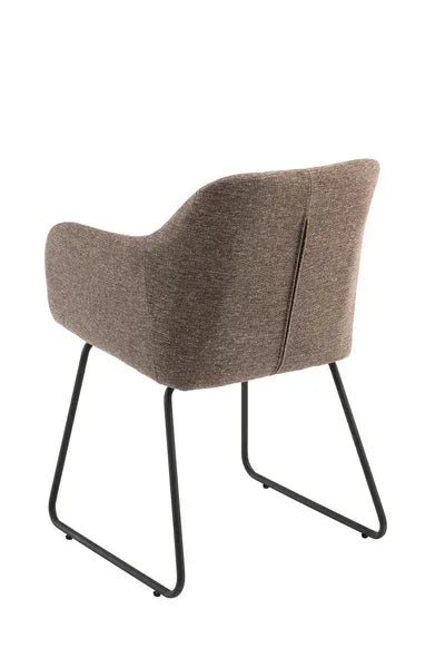 Brown fabric dining chair with black metal legs, rear angled view