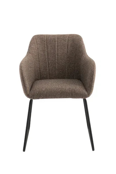 Brown fabric dining chair with black metal legs, front view