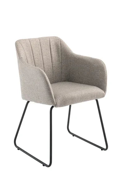 Grey fabric dining chair with armrests and black metal legs, front angle view