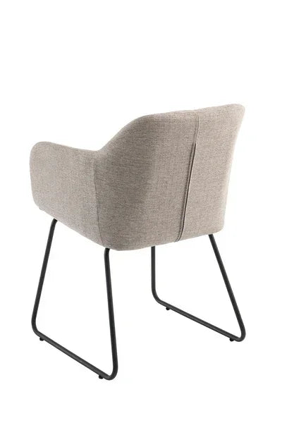 Grey fabric dining chair with metal legs, rear angle view highlighting curved backrest design