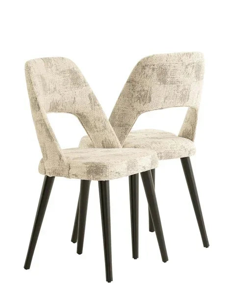 Set of two fabric dining chairs with black legs and patterned upholstery