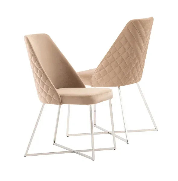 Pair of beige velvet dining chairs with diamond stitch detail and slim chrome legs