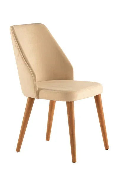 Beige upholstered dining chair with wooden legs, angled view