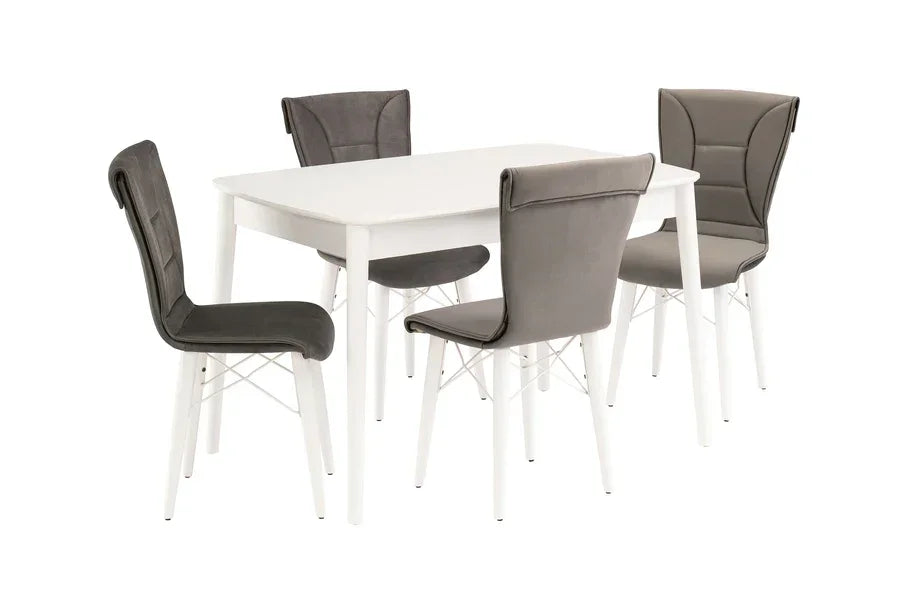 White dining table set with four grey padded chairs on white background