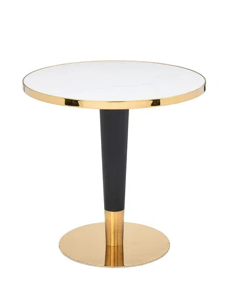 Round marble top dining table with gold edge and black pedestal base