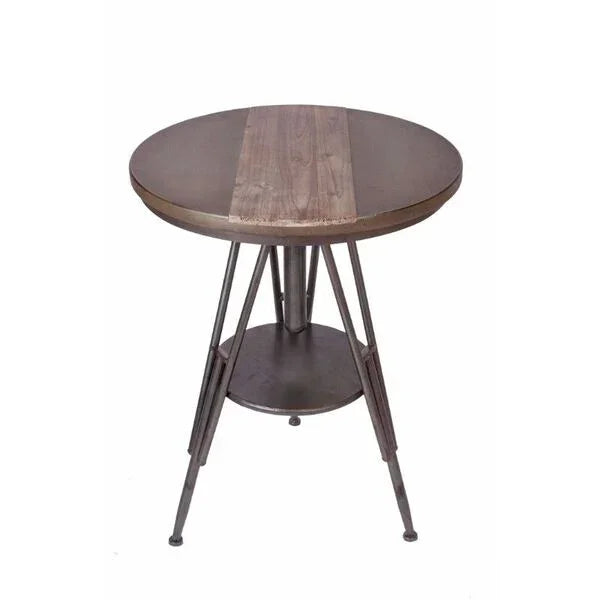 Round industrial style dining table with metal legs and wood top
