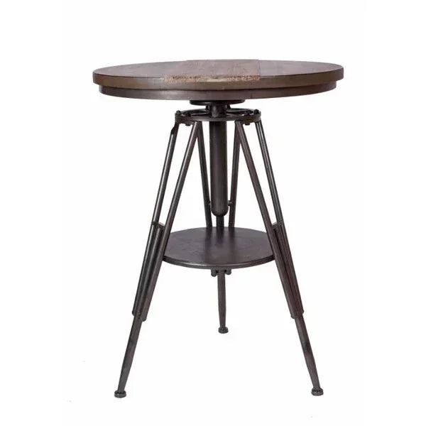 Industrial round side table with metal frame and dark wooden top