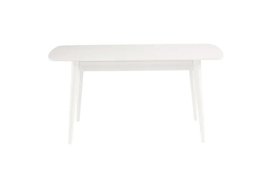 White rectangular dining table with rounded corners and slim legs, front view
