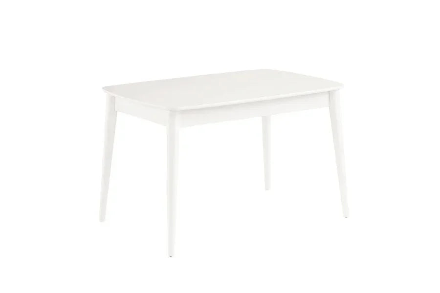 White rectangular dining table with tapered legs and smooth finish
