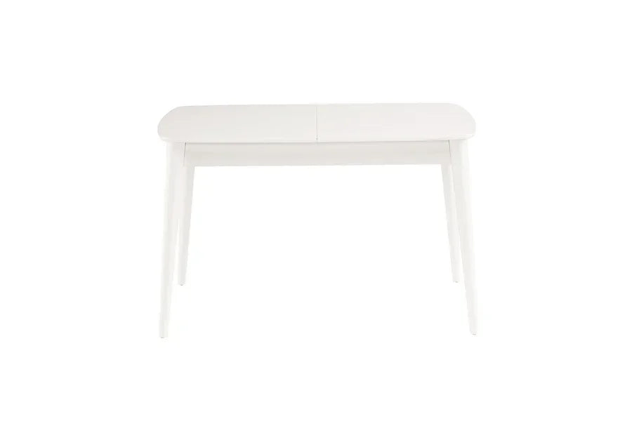 Modern white dining table with rounded corners and tapered legs on white background