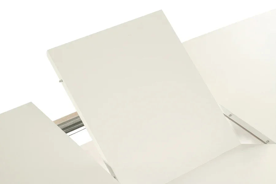 White extendable dining table with central extension leaf mechanism