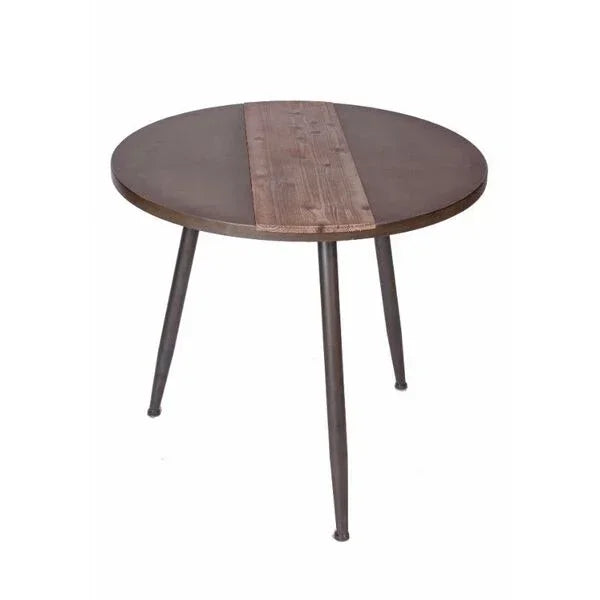 Round wood dining table with central plank detail and metal legs