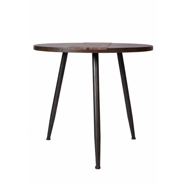 Round wooden dining table with three black metal legs, modern minimalist design