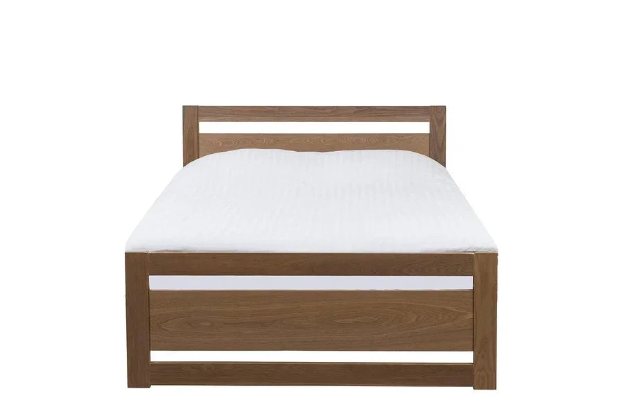 Wooden bed frame with slatted headboard and footboard, white mattress, front angle view