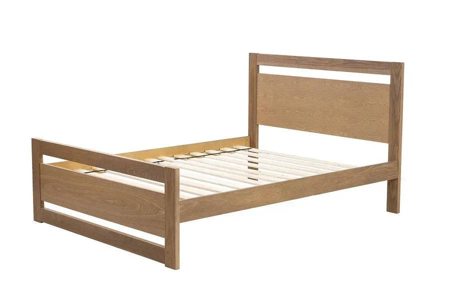 Modern oak wooden bed frame with slatted base and rectangular headboard