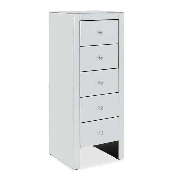 Tall mirrored chest of drawers with five crystal handles, white gloss finish, angled view