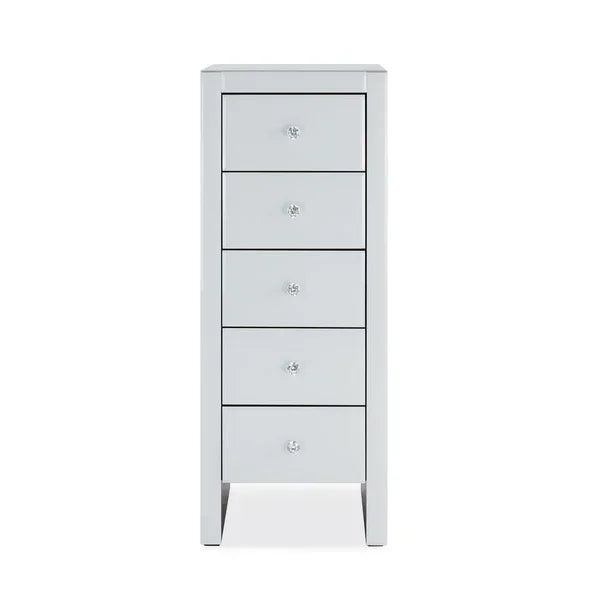 Tall mirrored chest of drawers with five crystal knobs, shown from the front