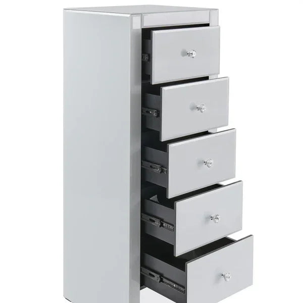 Mirrored chest of drawers with five open drawers and crystal handles, tall storage unit