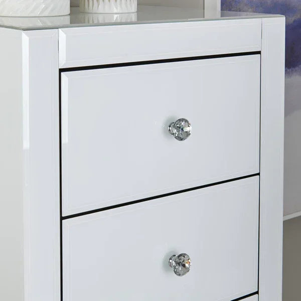 White gloss chest of drawers with crystal handles and modern design