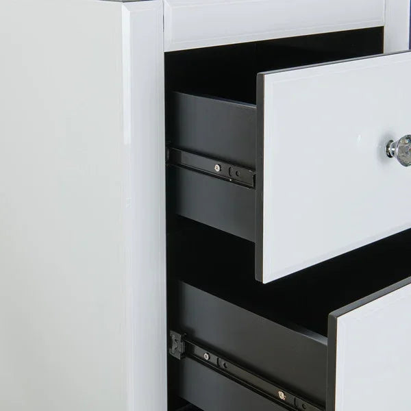 White gloss chest of drawers with metallic handles, two drawers partially open