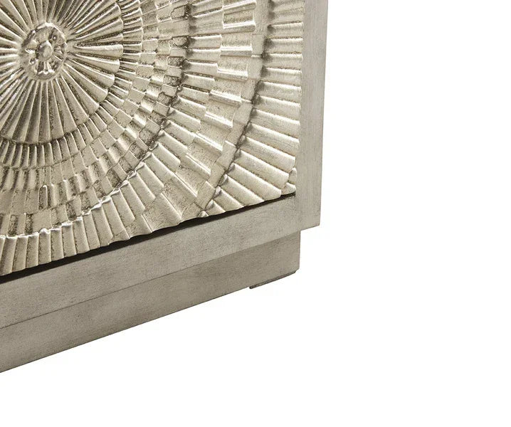 Silver metallic furniture panel with geometric embossed sunburst design