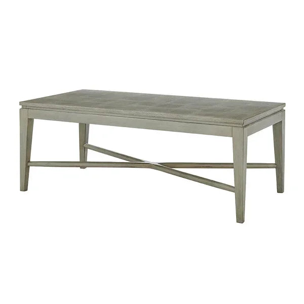 Rectangular wood coffee table with crossed leg supports in light grey finish