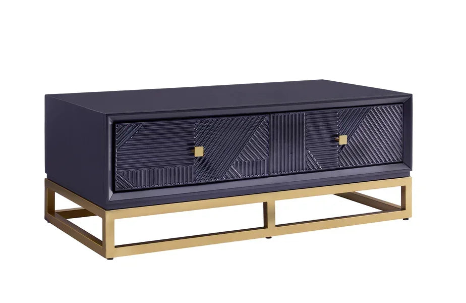 Black sideboard with textured front panels and gold metal base