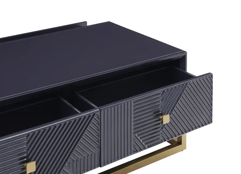 Black geometric sideboard with gold handles and open drawers on brass base