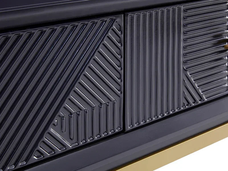 Black sideboard cabinet doors with geometric ribbed pattern and gold base detail